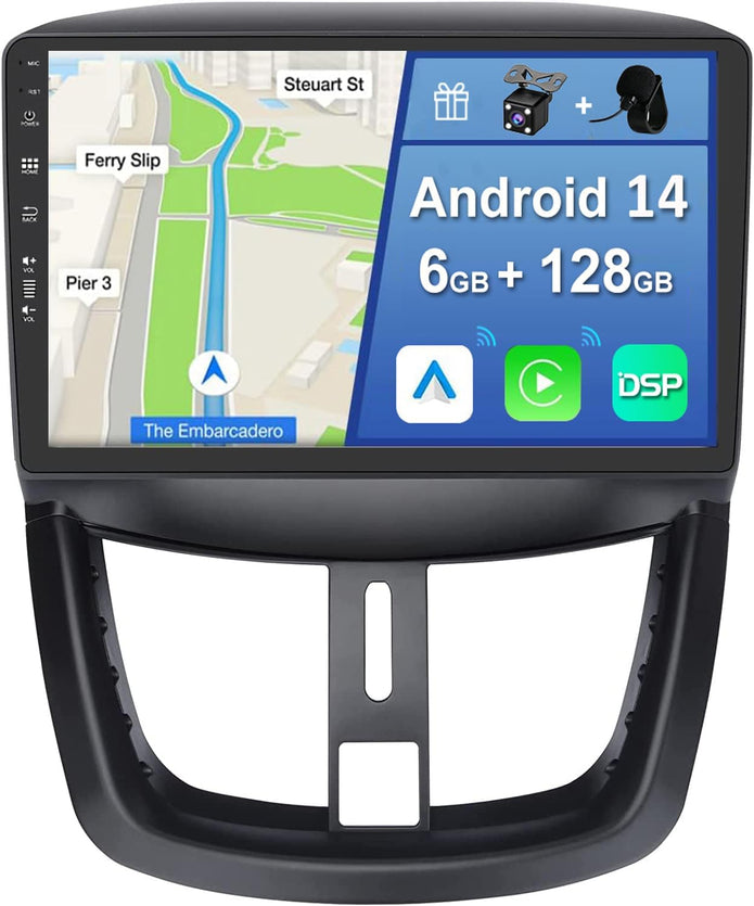 [6GB+128GB] Android 14 Autoradio Für Peugeot 207(2006-2015)-[Integriertes Carplay/Android Auto/Dsp/Gps]-9” IPS 2.5D-Cam+Mic-Dab/Mirror Link/Bluetooth 5.0/360 Kamera/Lenkradsteuerung
