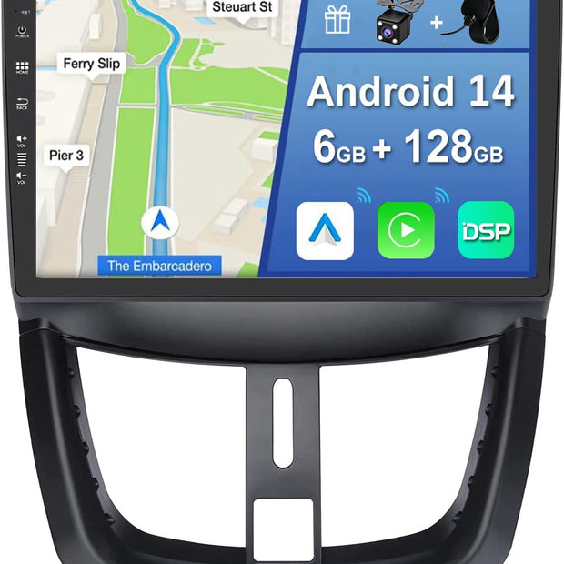 [6GB+128GB] Android 14 Autoradio Für Peugeot 207(2006-2015)-[Integriertes Carplay/Android Auto/Dsp/Gps]-9” IPS 2.5D-Cam+Mic-Dab/Mirror Link/Bluetooth 5.0/360 Kamera/Lenkradsteuerung