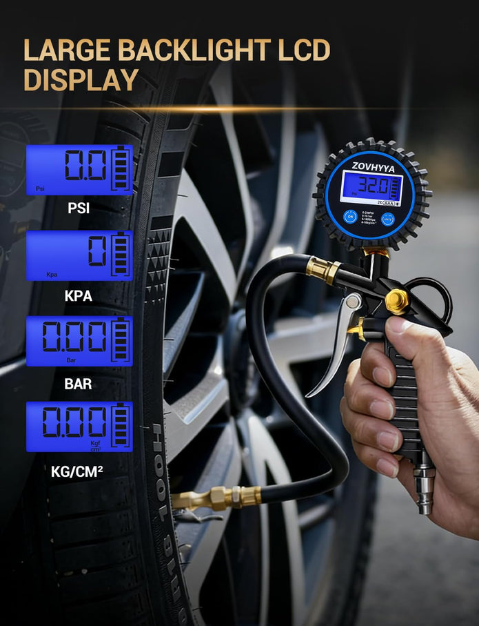 Reifenfüller Luftdruckprüfer Reifendruckprüfer 220PSI Reifendruckmesser LCD Vier Messeinheiten Reifendruckmesse 22 Zubehör Geeignet Für Fahrzeug Basketball Schwimmrunde