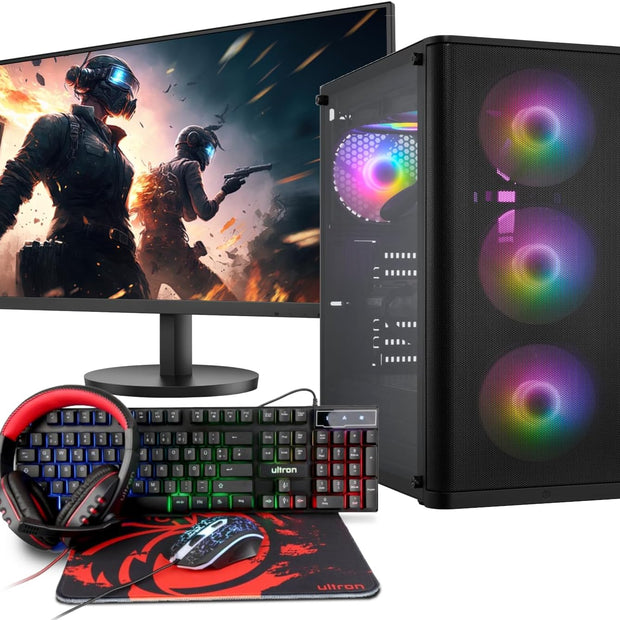 Basic Gaming Komplett PC Set Ryzen 3 3200G, Radeon Vega 8, 16 GB DDR4, 1000 GB SSD M.2, Windows 11 Pro 64Bit + 24 Zoll Monitor + Tastatur, Maus, Headset Bundle