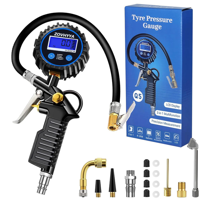 Reifenfüller Luftdruckprüfer Reifendruckprüfer 220PSI Reifendruckmesser LCD Vier Messeinheiten Reifendruckmesse 22 Zubehör Geeignet Für Fahrzeug Basketball Schwimmrunde