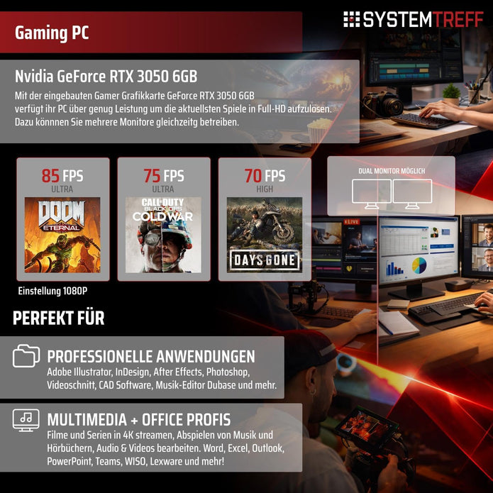 SYSTEMTREFF Basic Gaming PC Weiß AMD Ryzen 5 5500 6X4.2Ghz | Nvidia RTX 3050 6GB DX12 | 512GB M.2 Nvme | 16GB DDR4 RAM | WLAN Desktop Computer Rechner Für Gamer, Zocker & Streamer