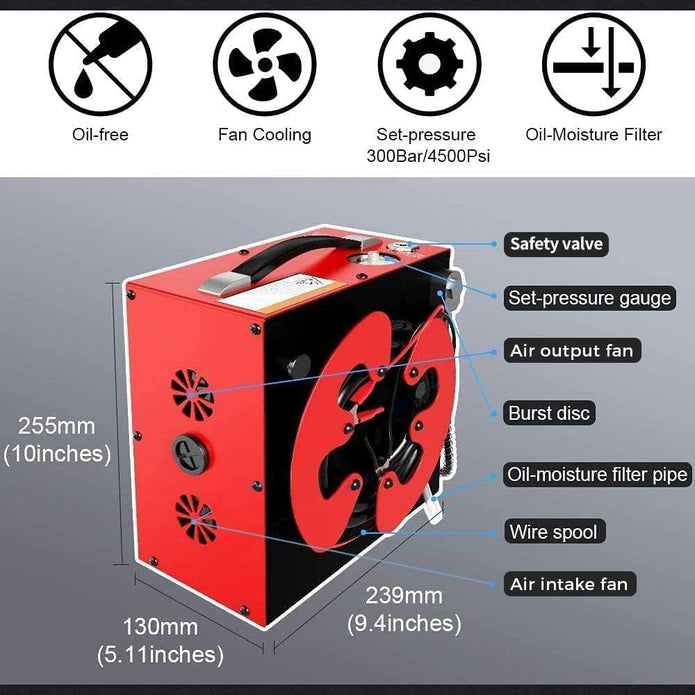 GX-E-CS3 Tragbarer PCP Kompressor 4500 PSI / 300 Bar – Ölfreier Luftkompressor mit Auto-Stopp, Wasser-Öl-Filter, 12V DC & 220V AC