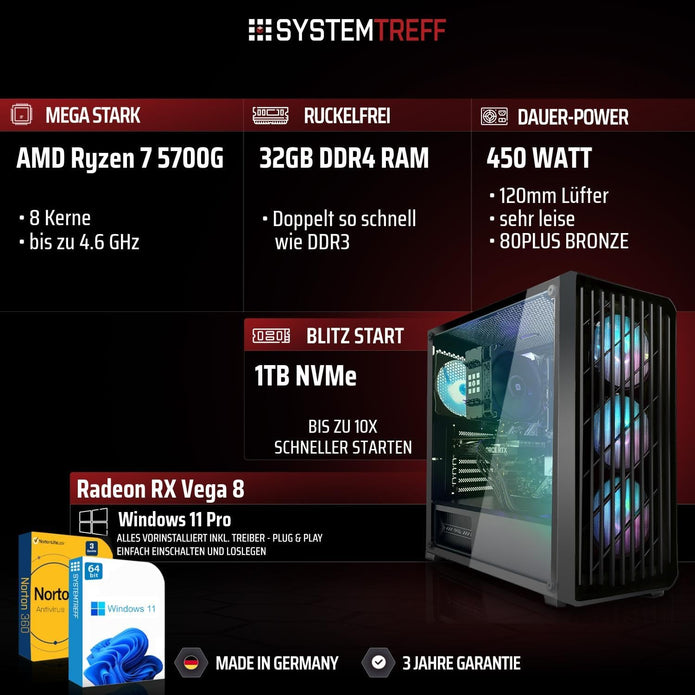 SYSTEMTREFF Basic Gaming PC AMD Ryzen 7 5700G 8X4.6Ghz | Radeon RX Vega 8 4K HDMI DX12 | 1TB M.2 Nvme | 32GB DDR4 RAM | Windows 11 | WLAN Desktop Computer Rechner Für Gamer, Zocker