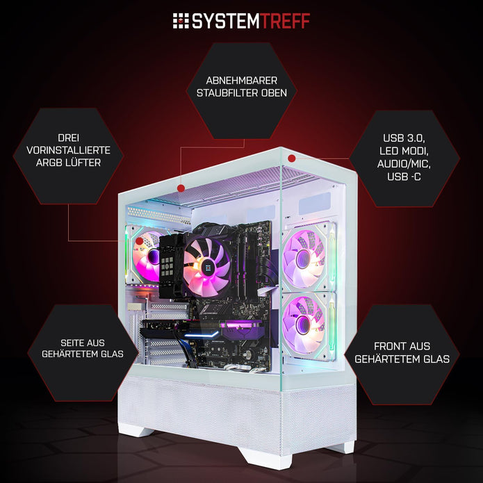 SYSTEMTREFF Basic Gaming PC Weiß AMD Ryzen 5 5500 6X4.2Ghz | Nvidia RTX 3050 6GB DX12 | 512GB M.2 Nvme | 16GB DDR4 RAM | WLAN Desktop Computer Rechner Für Gamer, Zocker & Streamer