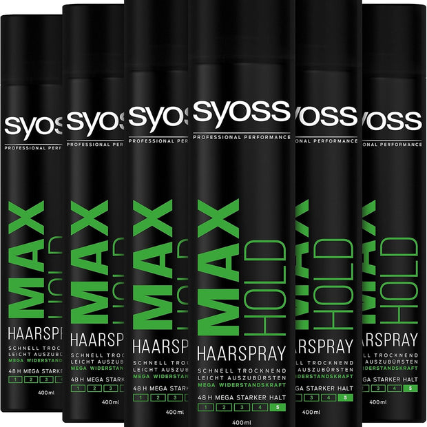 Syoss Haarspray Max Hold 6Er Pack (6X 400Ml) Halt 5, Haarspray Mit 48H Mega Starkem Halt, Schnell Trocknendes Styling Spray Für Mega Widerstandskraft, Leicht Auszubürsten