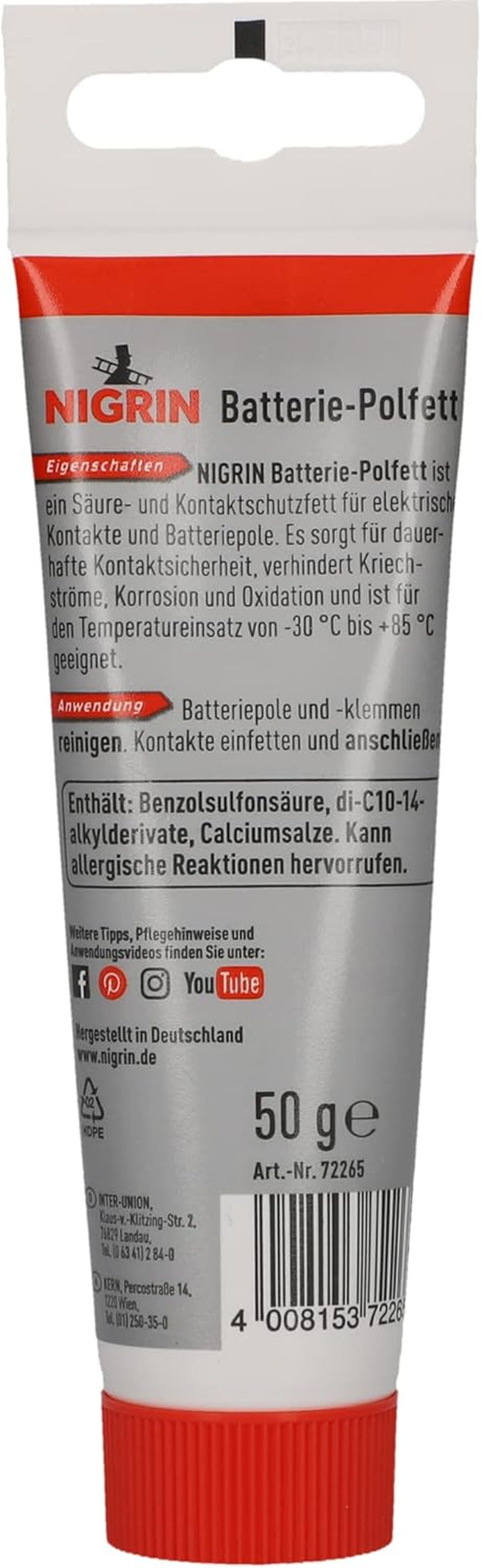 NIGRIN Batterie-Polfett 50g – Polfett für Autobatterien, Korrosionsschutz, Kontaktsicherheit & Schutz vor Kriechströmen