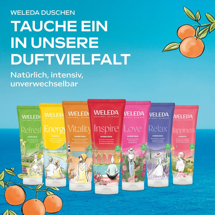 WELEDA Bio Inspire Duschgel Vegan - Naturkosmetik Granatapfel Duschseife Für Frauen & Männer Mit Orange/Vanille Duft - Natürliche Hautpflege Dusche Zur Reinigung Von Gesicht & Körper (1X 200Ml)