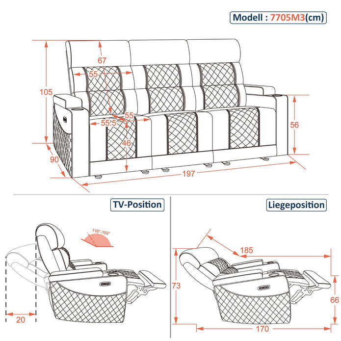 M Mcombo 3 Sitzer Fernsehsessel Elektrisch 7705 (Schwarz)