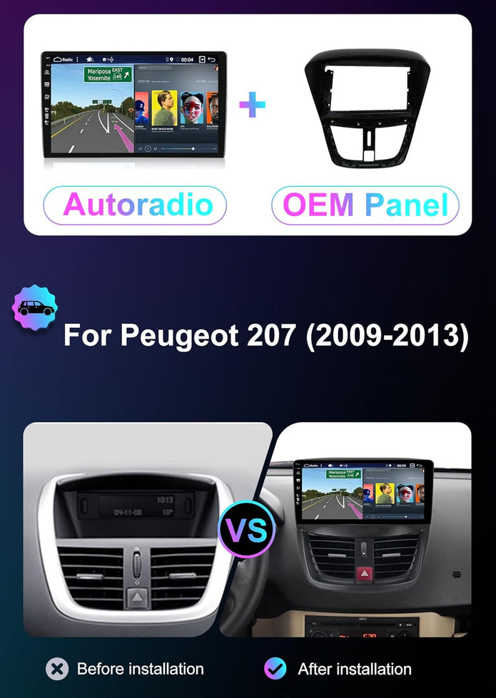 [6GB+128GB] Android 14 Autoradio Für Peugeot 207(2006-2015)-[Integriertes Carplay/Android Auto/Dsp/Gps]-9” IPS 2.5D-Cam+Mic-Dab/Mirror Link/Bluetooth 5.0/360 Kamera/Lenkradsteuerung
