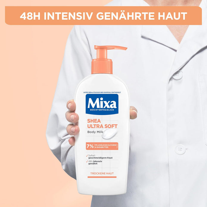 Mixa Shea Body Lotion, Mit Sheabutter Und Pflanzlichem Glycerin, Intensiv Nährende Körpermilch, Für Trockene Und Raue Haut, Pflegt & Hydratisiert Die Haut 48H Lang, Shea Ultra Soft Body Milk, 250 Ml