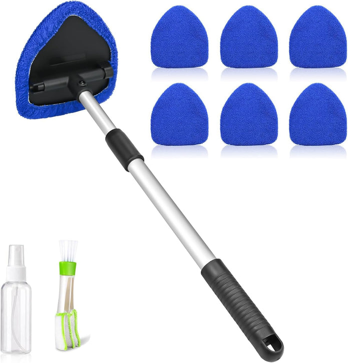 9-tlg. Autoscheiben Innenreiniger Set – Ausziehbarer Windschutzscheiben Reiniger mit 6 Mikrofaserpads, Sprühflasche & Klimaanlagenbürste
