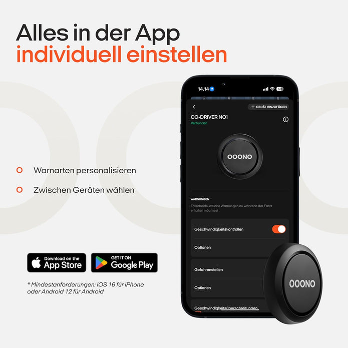 OOONO Co-Driver NO1: Warnt Vor Tempo-Kontrollen Und Gefahren Im Straßenverkehr in Echtzeit - Automatisch Aktiv Nach Verbindung Zum Smartphone Über Bluetooth