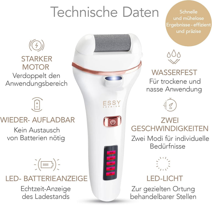 Essy Hornhautentferner Elektrisch Wiederaufladbar Mit 5 Ersatzrollen Für Seidig Weiche Füße, Akku Fußpflege Set Damen Herren Mit Druckschutz, 2 Geschwindigkeiten, Led-Display, Pediküre Set, (Weiß)