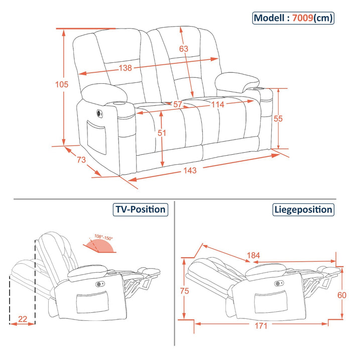 M Mcombo 2 Sitzer Sofa 150° Verstellbar, 2Er Relaxsessel, 7009