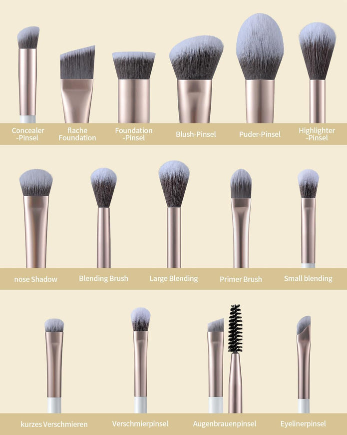 EIGSHOW Make-Up Pinselset,15-Teilig MUA PRO Serie Profi Pinsel Mit Silberionen-Borsten Für Foundation,Pulver,Rouge,Highlighter,Concealer,Lidschatten&Eyeliner,Reise-Geschenkset (Champagner Gold)