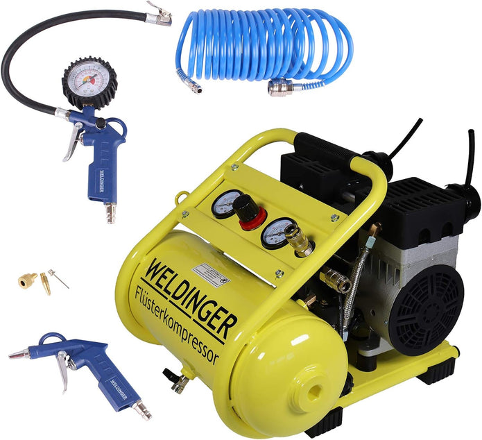 WELDINGER Flüsterkompressor FK 120 Compact 980W – Ölfreier 120L/min Druckluftkompressor inkl. 6-tlg. Druckluftset, 5 Jahre Garantie