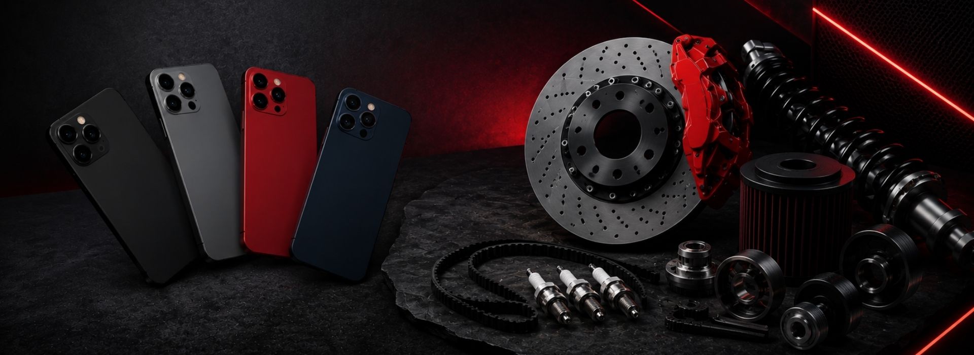 Smartphones und hochwertige Autoteile im modernen schwarz-roten Performance Design bei Europarts Connect