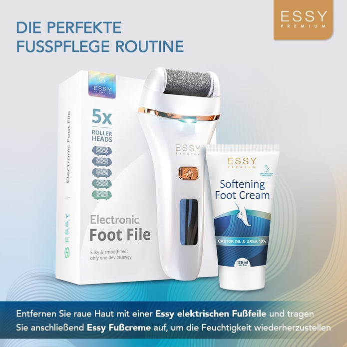 Essy Hornhautentferner Elektrisch Wiederaufladbar Mit 5 Ersatzrollen Für Seidig Weiche Füße, Akku Fußpflege Set Damen Herren Mit Druckschutz, 2 Geschwindigkeiten, Led-Display, Pediküre Set, (Weiß)