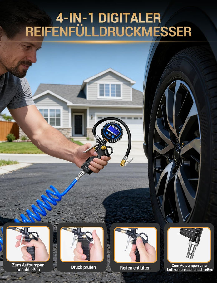 Reifenfüller Luftdruckprüfer Reifendruckprüfer 220PSI Reifendruckmesser LCD Vier Messeinheiten Reifendruckmesse 22 Zubehör Geeignet Für Fahrzeug Basketball Schwimmrunde